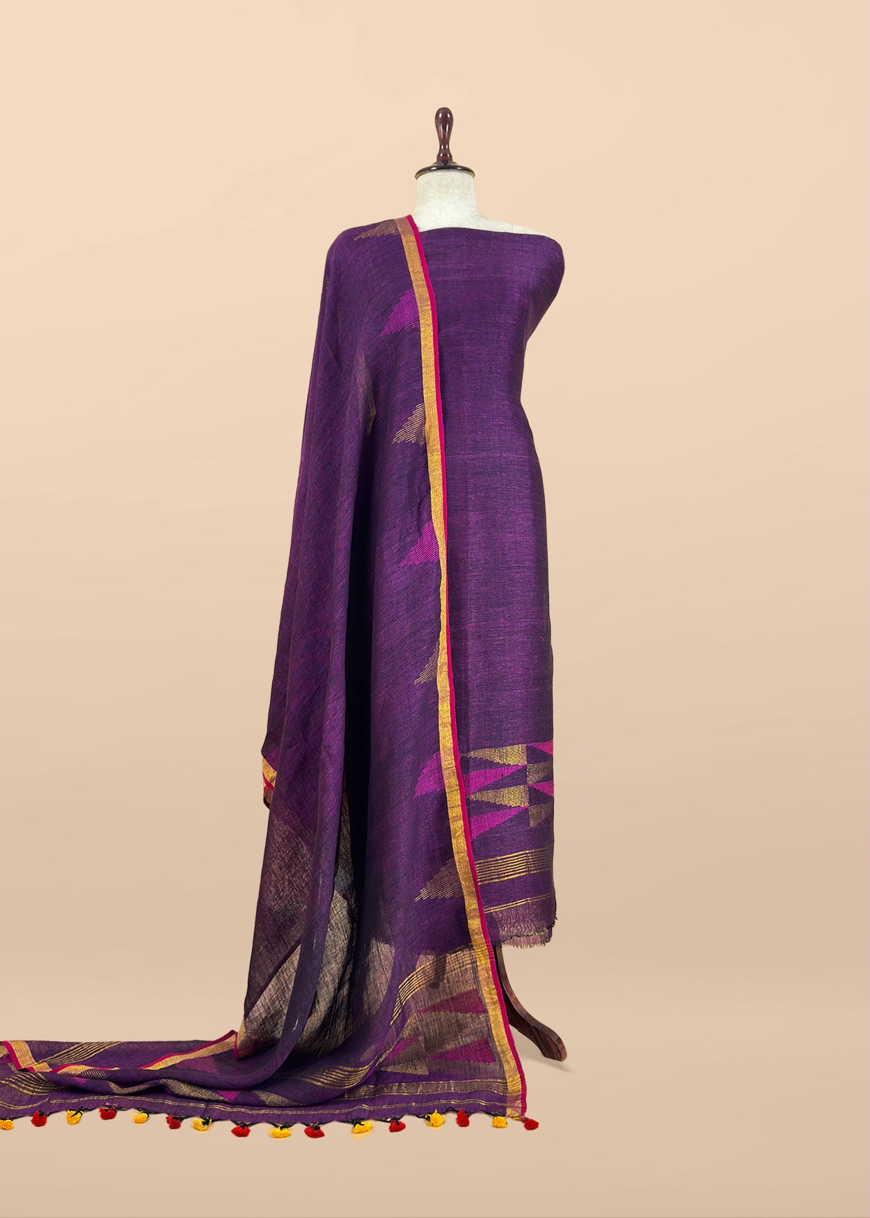 Purple Pure Linen Suit Fabric With Gold Zari Needle Jamdani Weaving Handmade On Loom