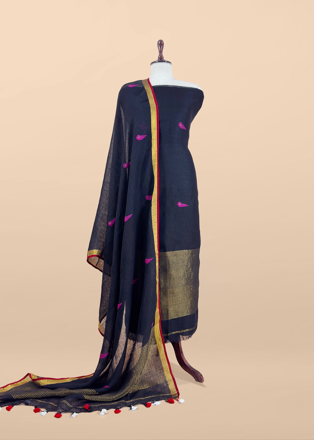 Black Pure Linen Suit Fabric With Gold Zari Needle Jamdani Weaving Handmade On Loom