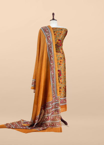 Yellow Maheshwari Silk Suit Fabric With Kalamkari Print