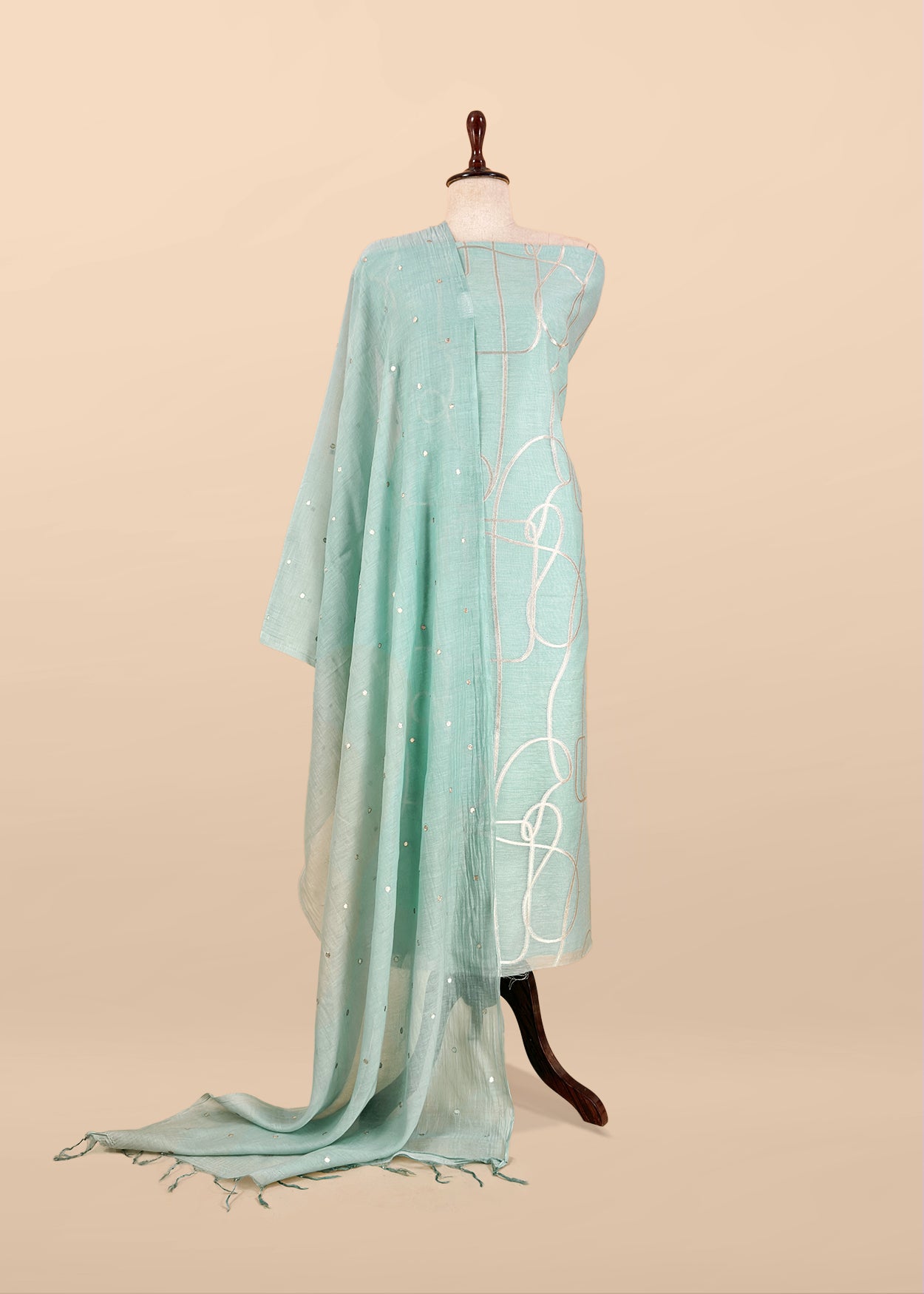 Sky Blue Handloom Mulmul Unstitched Suit With Zari Weaving And Gotapatti Polka Dots