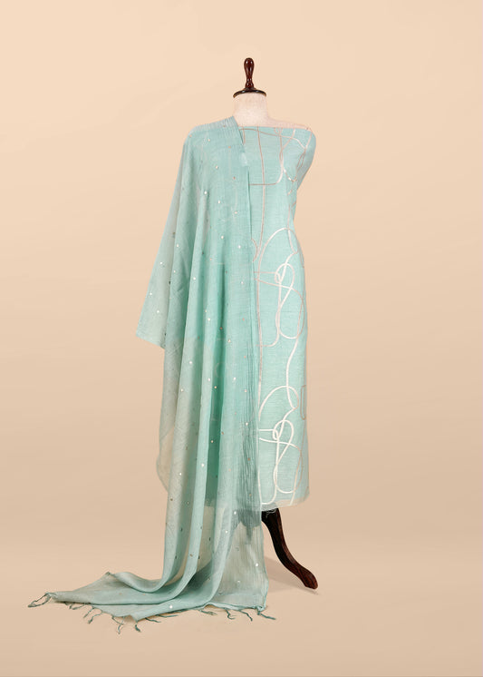 Sky Blue Handloom Mulmul Unstitched Suit With Zari Weaving And Gotapatti Polka Dots