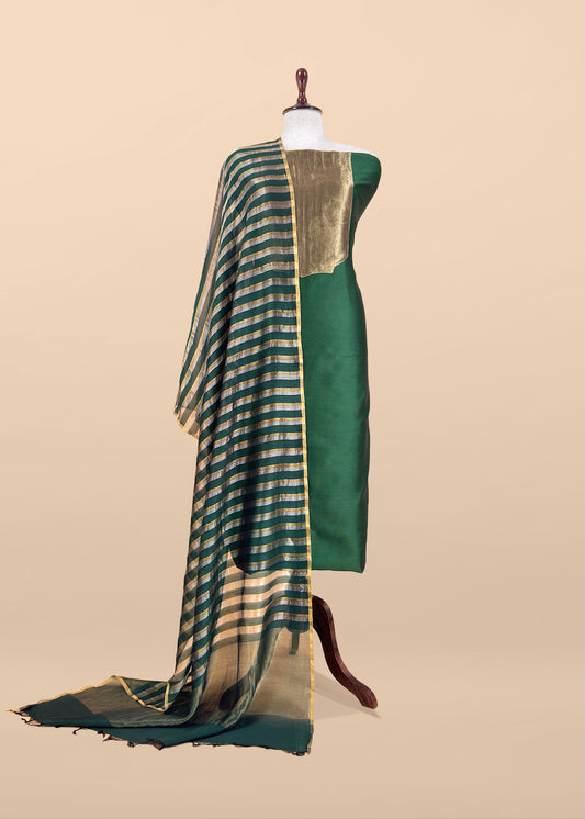 Bottle Green Handloom Silk Unstitched Kurta And Sonarupa Zari Panel Dupatta With Tissue Appliqué Work
