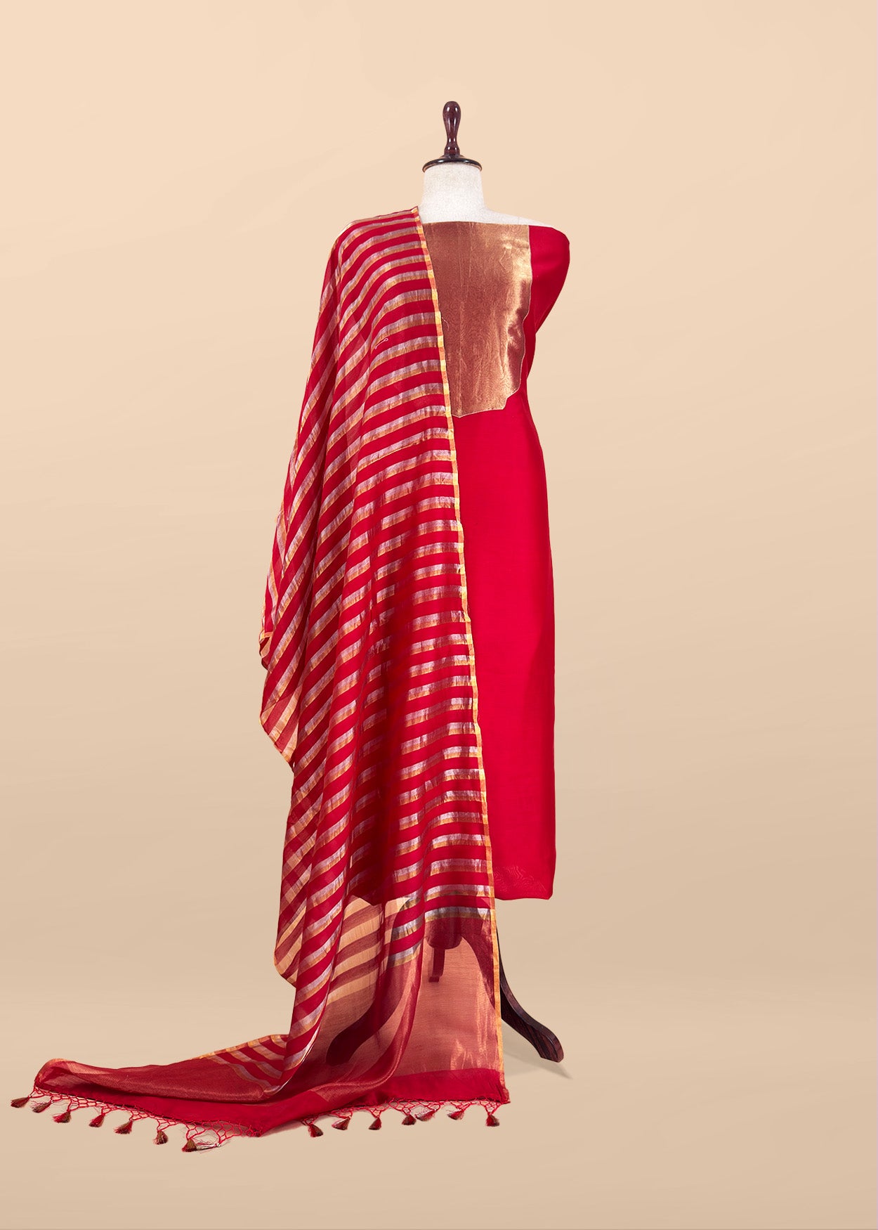Red Handloom Silk Unstitched Kurta And Sonarupa Zari Panel Dupatta With Tissue Appliqué Work