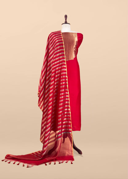 Red Handloom Silk Unstitched Kurta And Sonarupa Zari Panel Dupatta With Tissue Appliqué Work