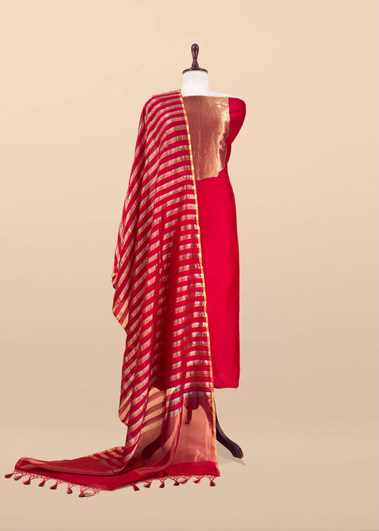 Red Handloom Silk Unstitched Kurta And Sonarupa Zari Panel Dupatta With Tissue Appliqué Work