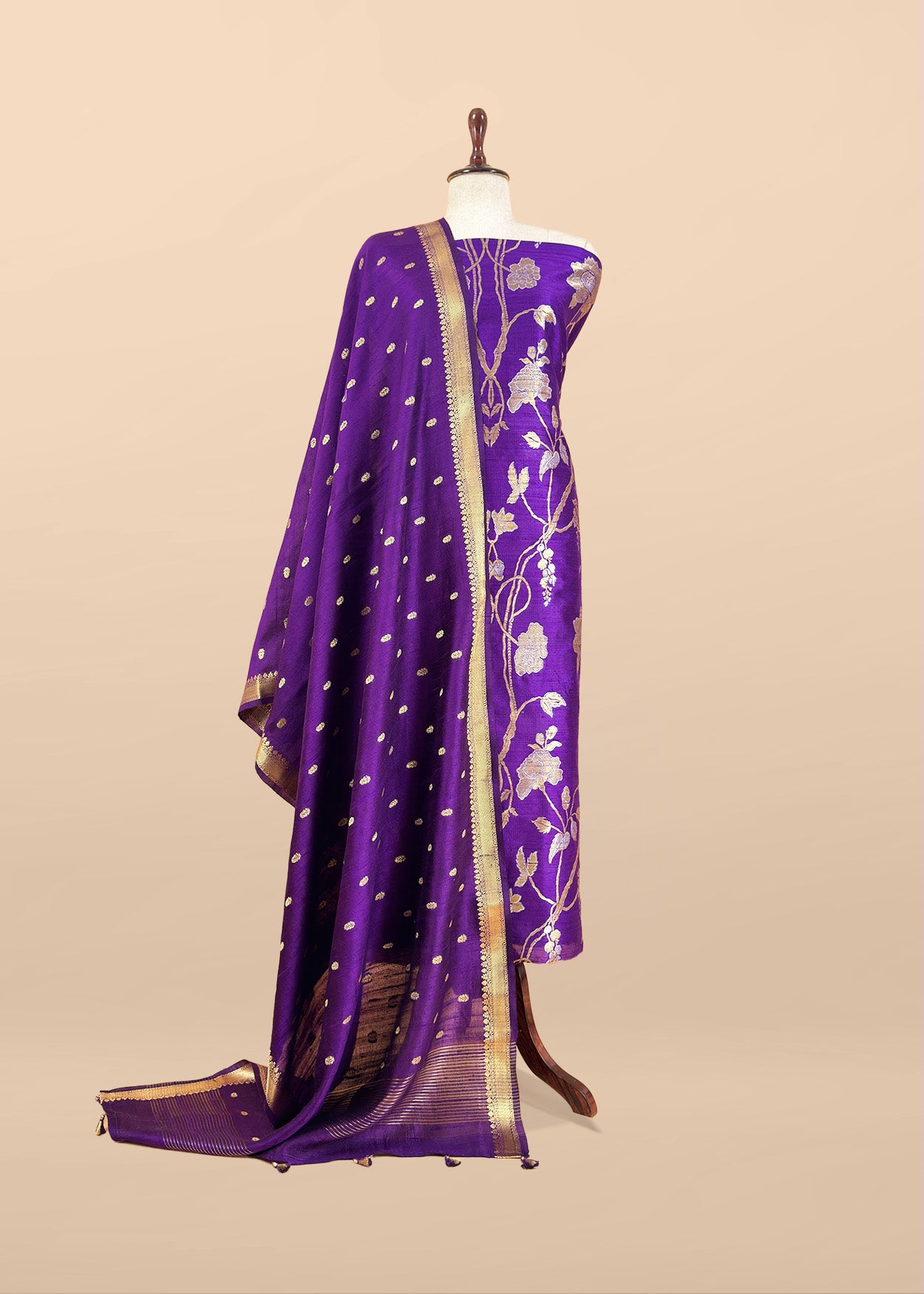 Purple Handloom Raw Silk Unstitched Suit Fabric With Peonies Sonarupa Kadwa Weaving