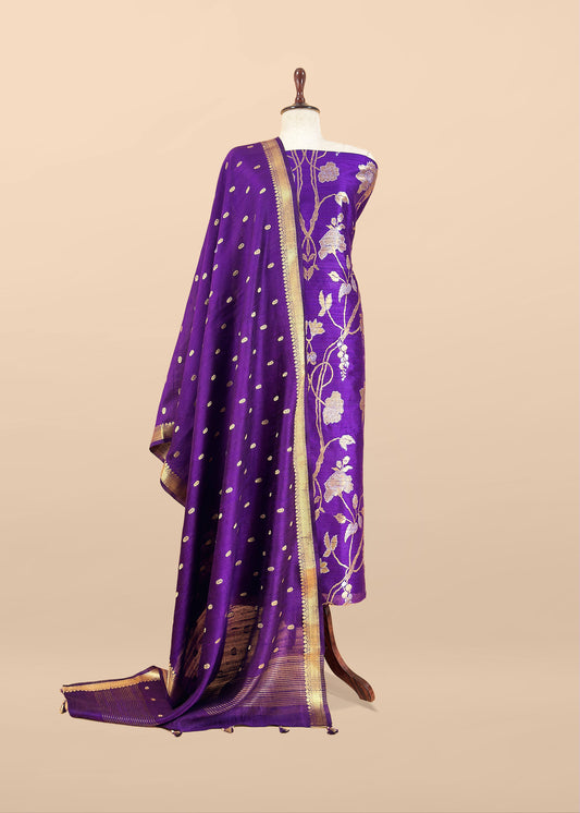 Purple Handloom Raw Silk Unstitched Suit Fabric With Peonies Sonarupa Kadwa Weaving