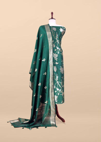 Emerald Green Handloom Raw Silk Unstitched Suit Fabric With Peonies Sonarupa Kadwa Weaving