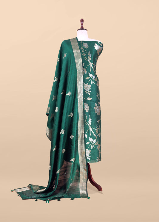 Emerald Green Handloom Raw Silk Unstitched Suit Fabric With Peonies Sonarupa Kadwa Weaving