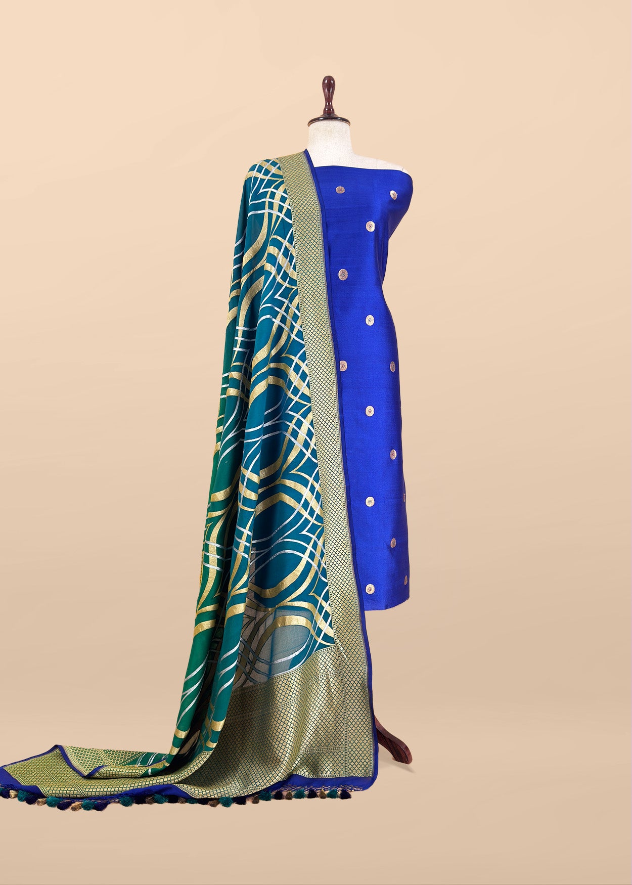 Royal Blue Handloom Silk Suit With Pure Khaddi Georgette Dupatta With Zari Weaving