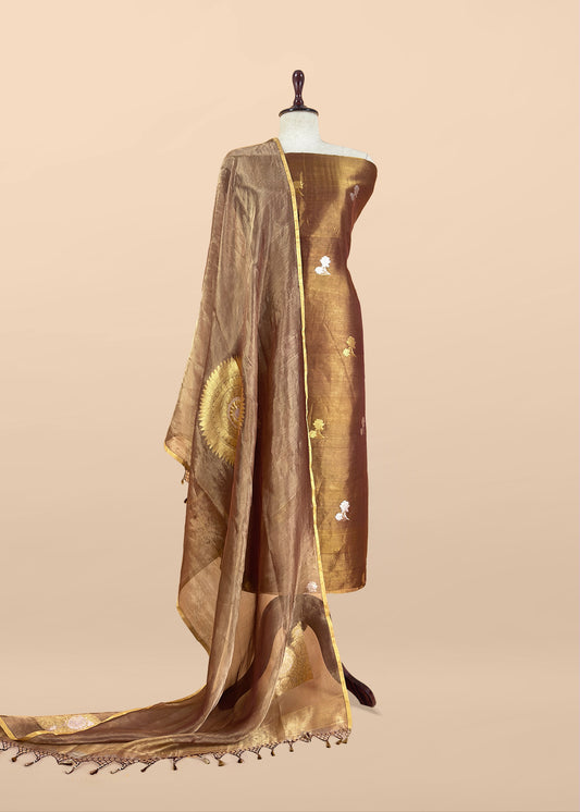 Goldan Brown Handloom Tissue Silk Suit With Kadwa Weaves