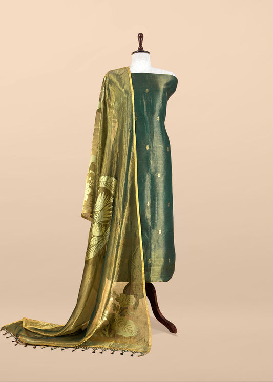 Olive Green Handloom Tissue Silk Suit With Kadwa Weaves