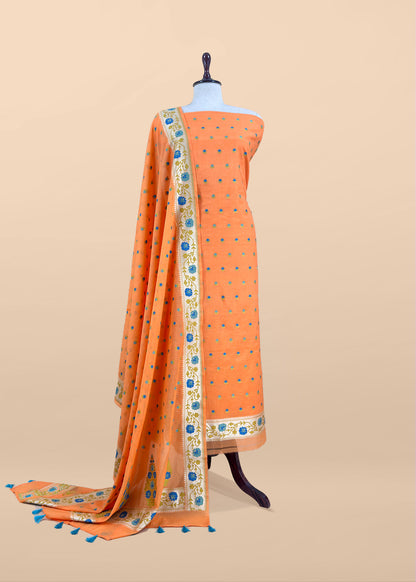 Orange Handloom Banarasi Cotton Unstitched Suit Fabric With Meenakari Weaving