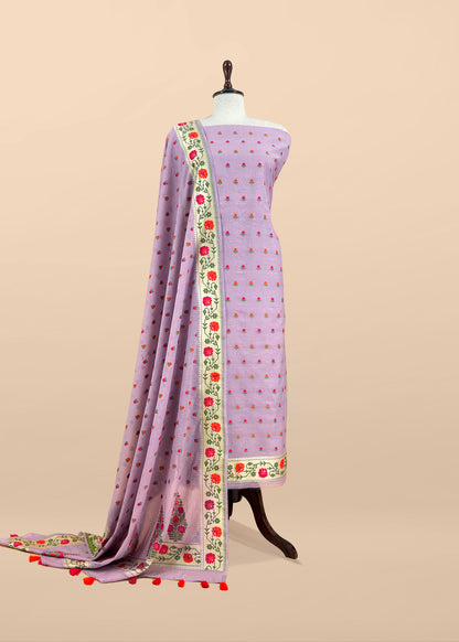 Lilac Handloom Banarasi Cotton Unstitched Suit Fabric With Meenakari Weaving