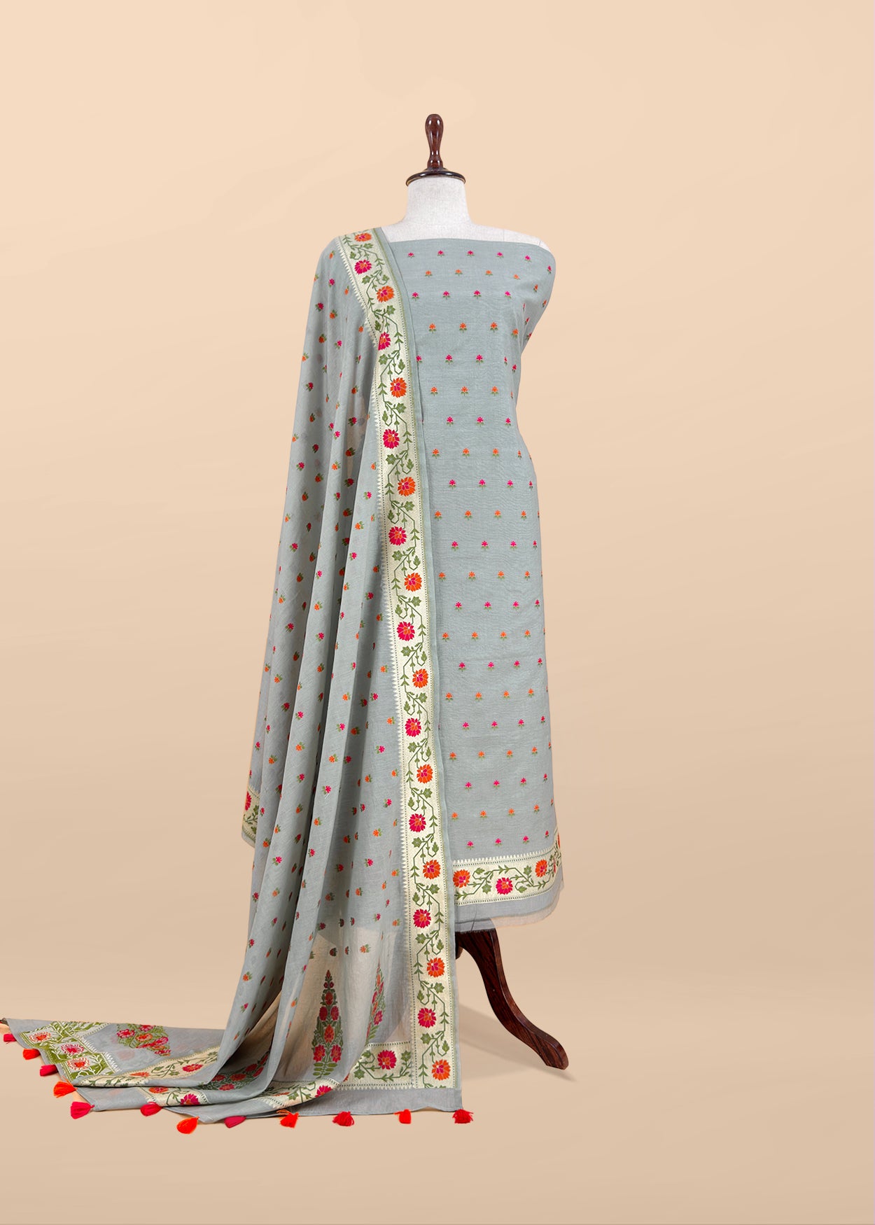 Grey Handloom Banarasi Cotton Unstitched Suit Fabric With Meena Cutwork Weaving