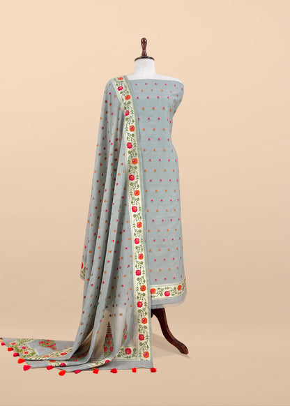 Grey Handloom Banarasi Cotton Unstitched Suit Fabric With Meena Cutwork Weaving