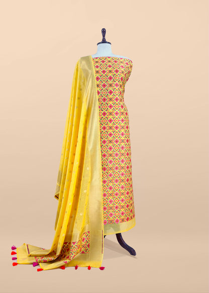 Yellow Handwoven Unstitched Pure Cotton Suit With Patola Weaving