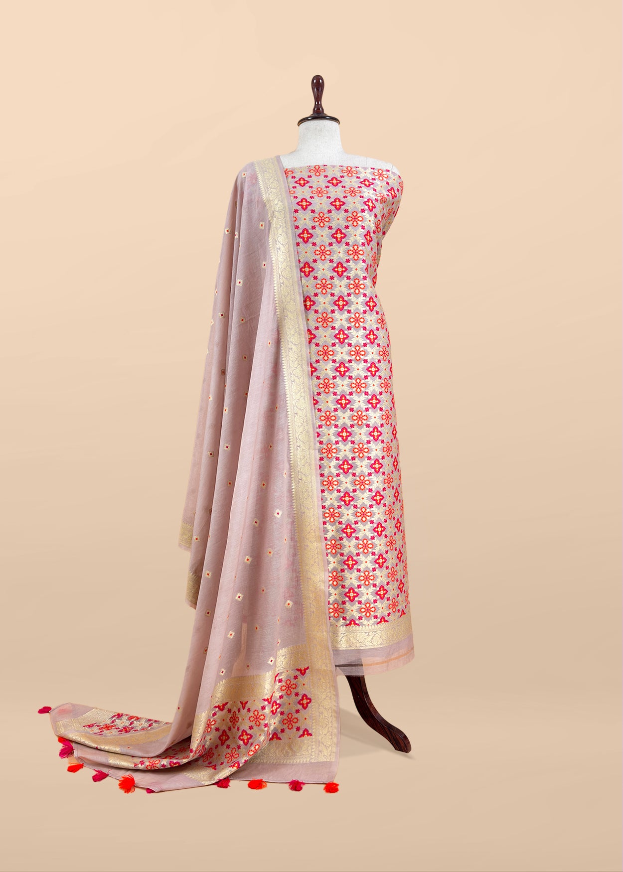 Beige Handloom Banarasi Suit With Paithani Weaving