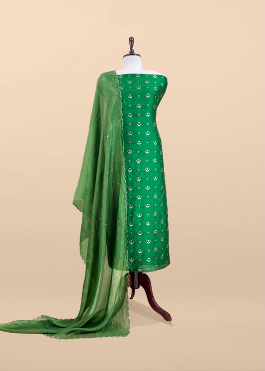 Green Chaandbaali Pure Satin Silk Kurta and Tissue Silk Dupatta with Handwork