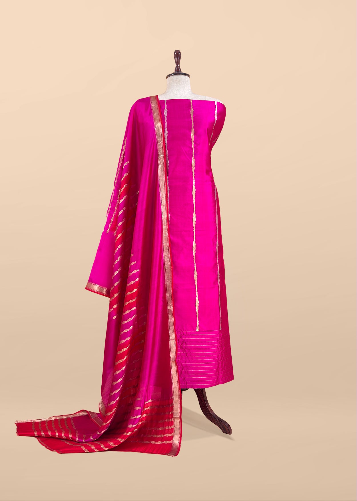 Kalasheel Luxe Handwoven Deep Pink And Saffron Banarasi Silk Suit With Zari Weaving