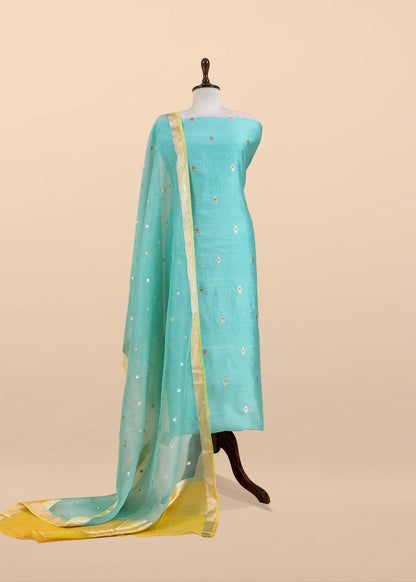 Sky Blue Kora Silk Unstitched Suit With Kadwa Weaving