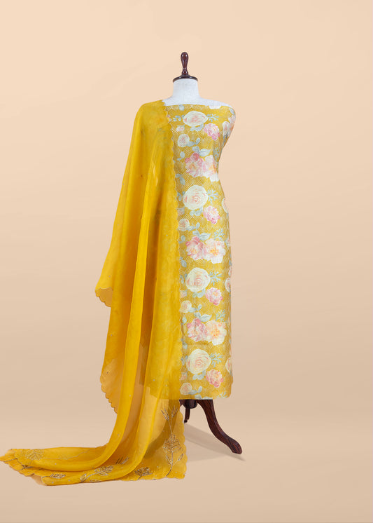 Canary Yellow Brocade Silk Kurta And Kora Silk Dupatta With Handwork