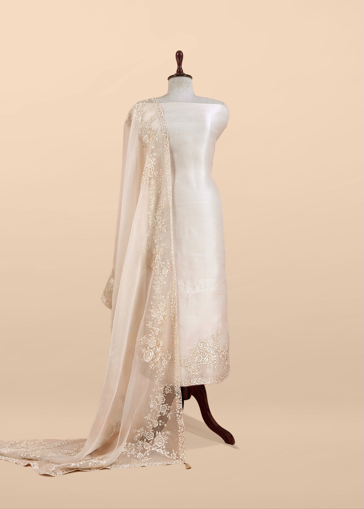 White Handwoven Puer Organza Suit With Resham Embroidery Work