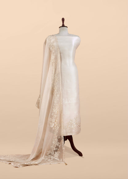 White Handwoven Puer Organza Suit With Resham Embroidery Work