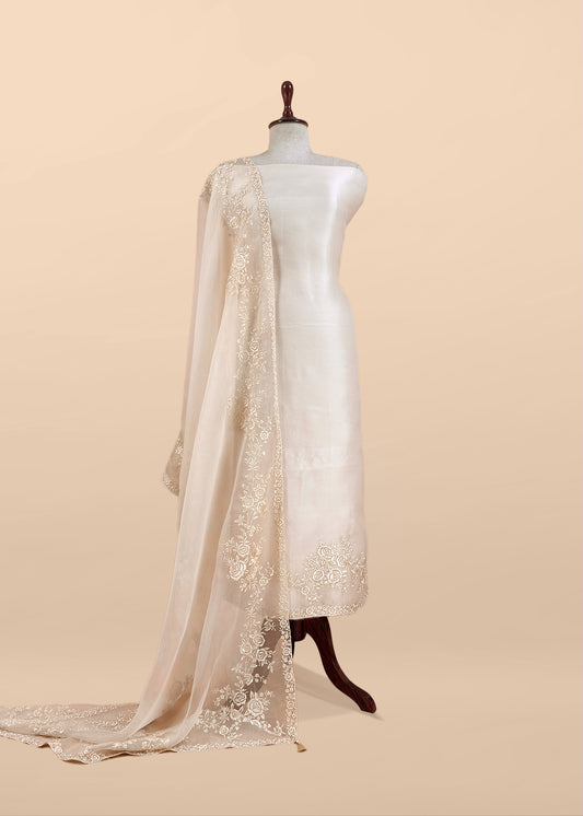 White Handwoven Puer Organza Suit With Resham Embroidery Work