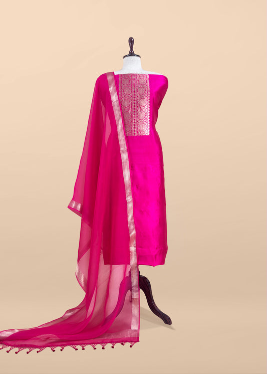 Pink Handloom Varanasi Silk Kurta And Kora Silk Dupatta With Kadwa Weaving