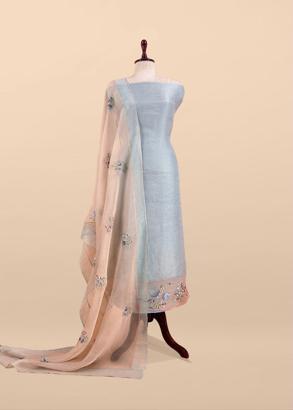 Baby Blue Handloom Kora Silk Suit Fabric With Embroidery