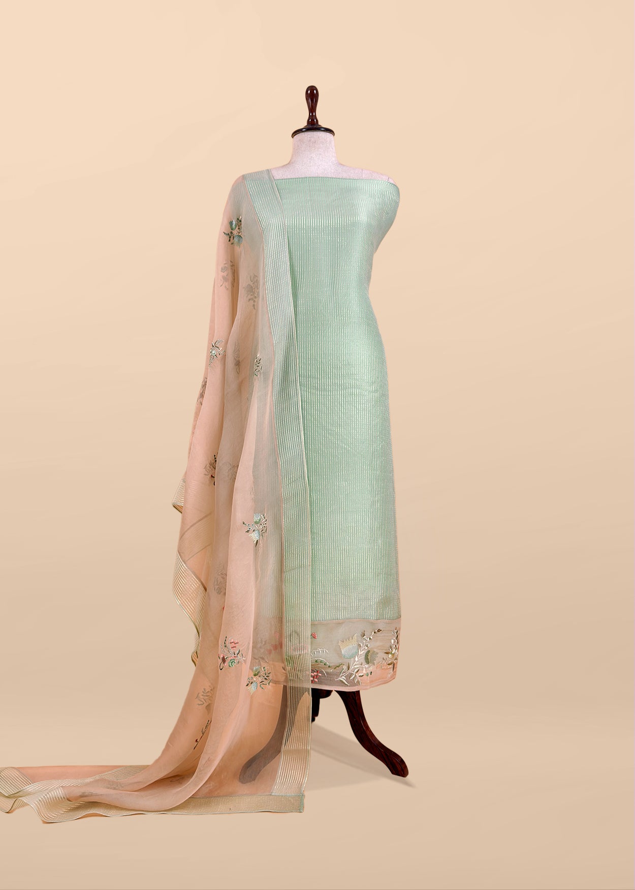 Sage Handloom Kora Silk Suit Fabric With Embroidery