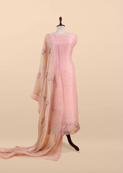 Baby Pink Handloom Kora Silk Suit Fabric With Embroidery