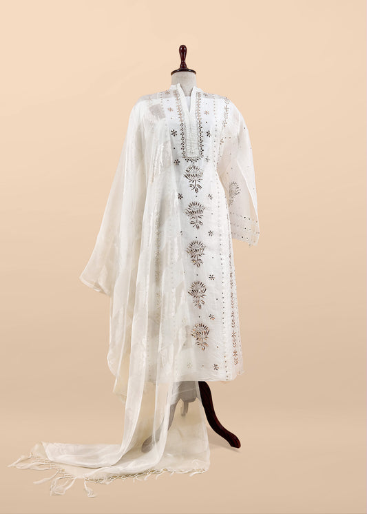White Mukaish Handwork Pure Kora Silk Suit With Tissue Zari Panel Dupatta