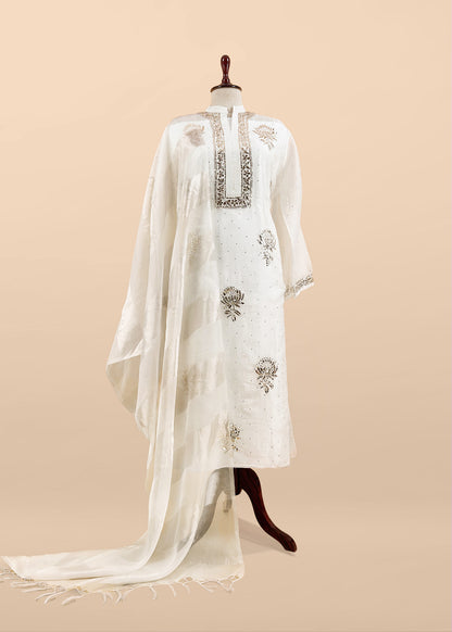 White Mukaish Handwork Pure Kora Silk Suit With Tissue Zari Panel Dupatta