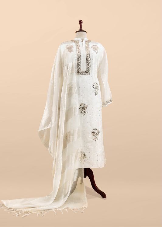 White Mukaish Handwork Pure Kora Silk Suit With Tissue Zari Panel Dupatta