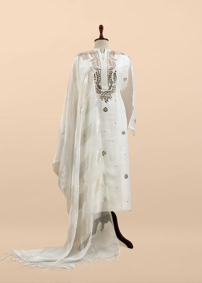 White Mukaish Handwork Pure Kora Silk Suit With Tissue Zari Panel Dupatta