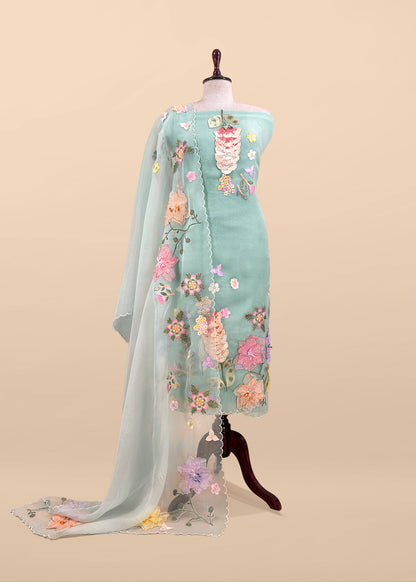 Light Blue Pastel Gardens Handloom Organza Embroidered Suit Set with 3d Applique Work