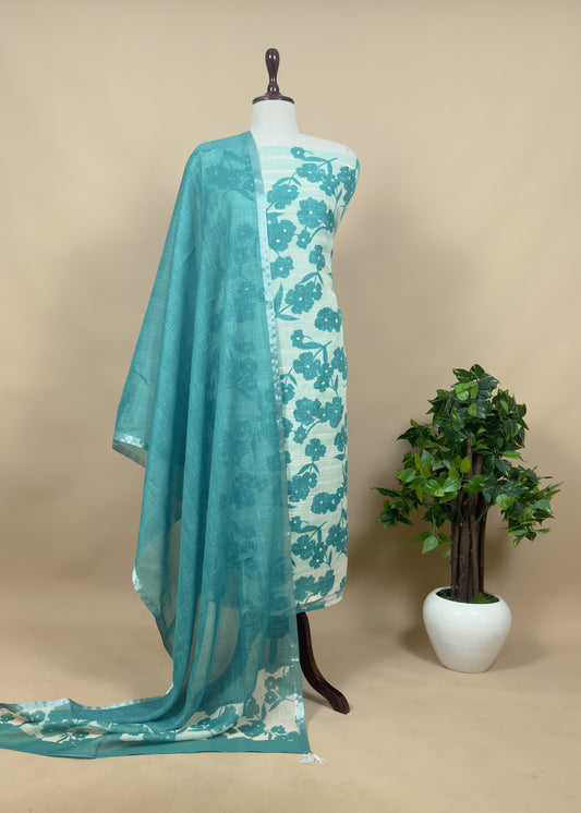 Green Linen Digital Print Linen Suit With Dupatta