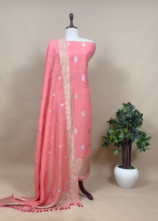 Pink Handloom Linen Silk With Kadwa Weaves