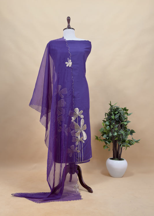 Purple Chanderi Kurta With Organza Dupatta Having Zari Embroidery
