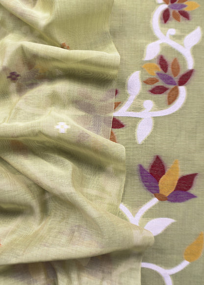 Pickle Green Chidiya Jamdani Suit In Linen Chanderi Fabric