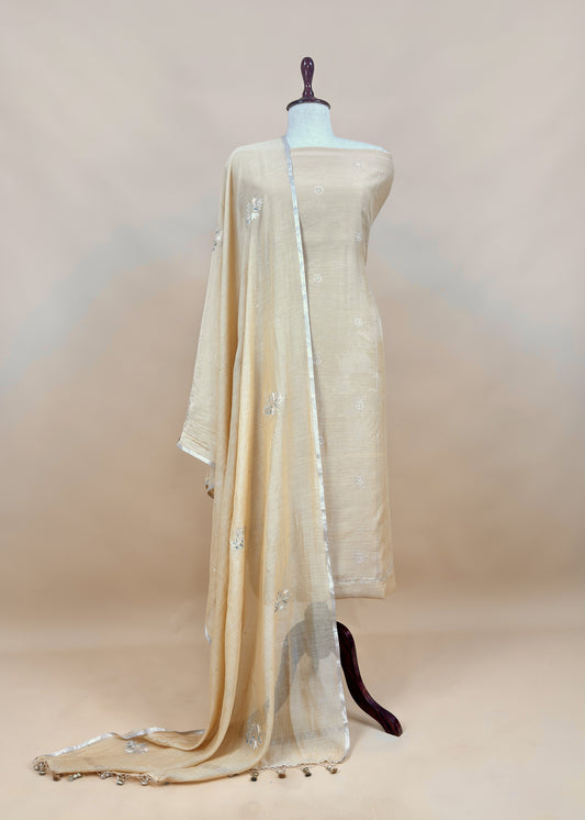 Beige Mulmul Suit And Dupatta In Dori work