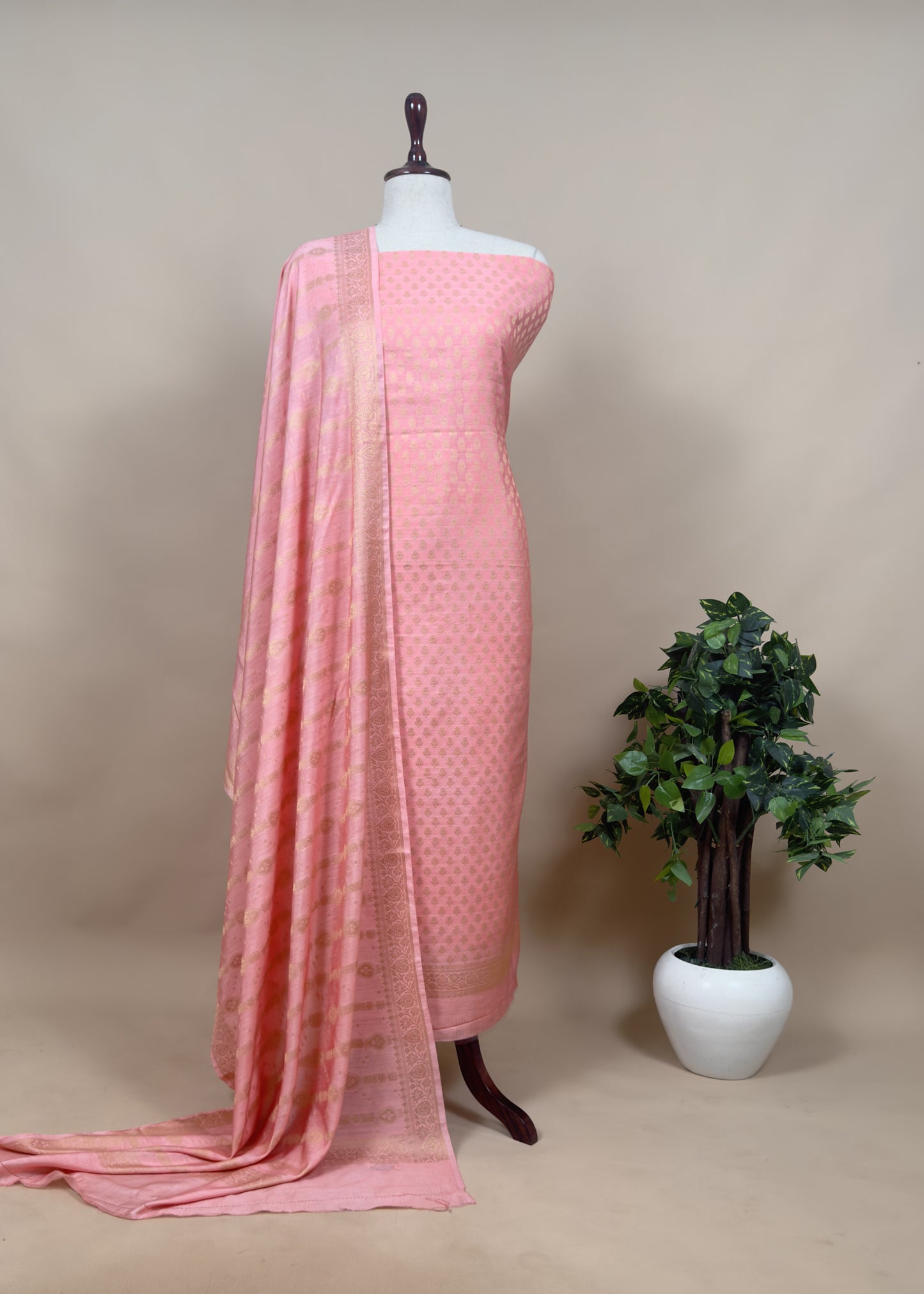 Pink Banarasi Cotton Unstitched Suit With Resham Weaving