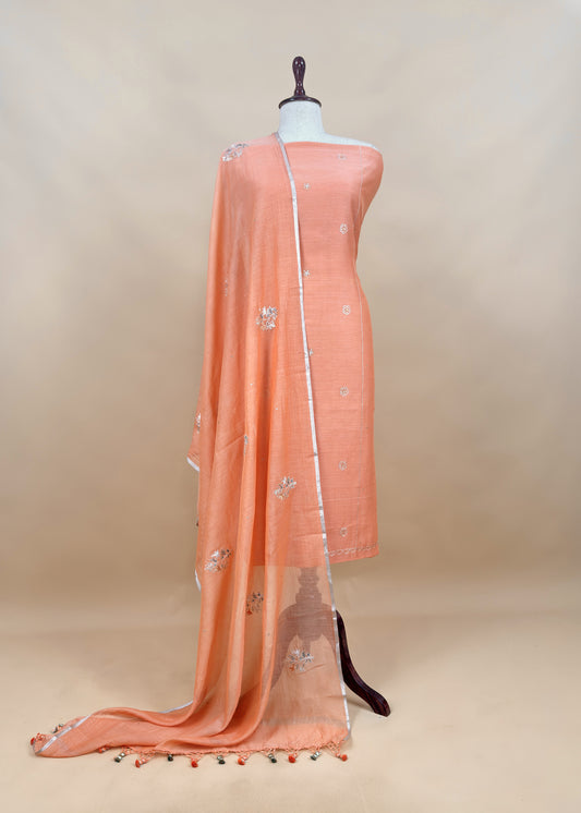 Orange Mulmul Suit And Dupatta In Dori work