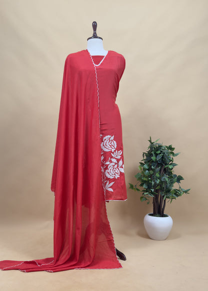 Red Pure Mul Cotton Suit Fabric With Appliqué Work