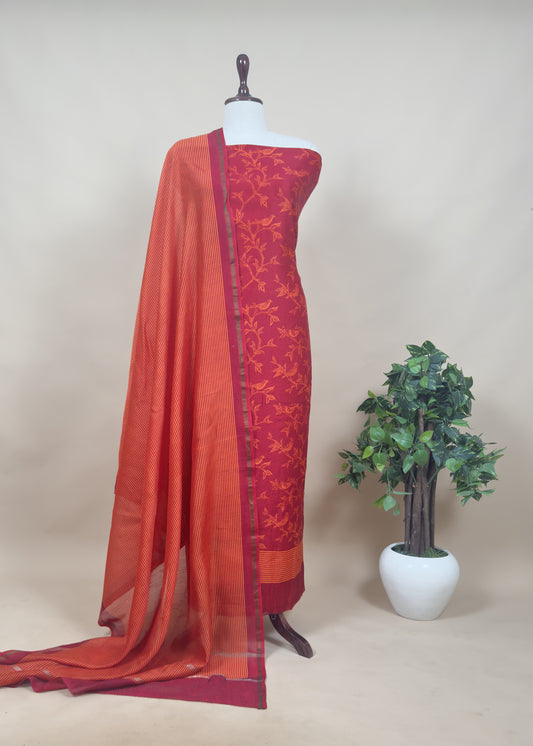 Block Print Maheswari Silk Suit With Orange Dupatta