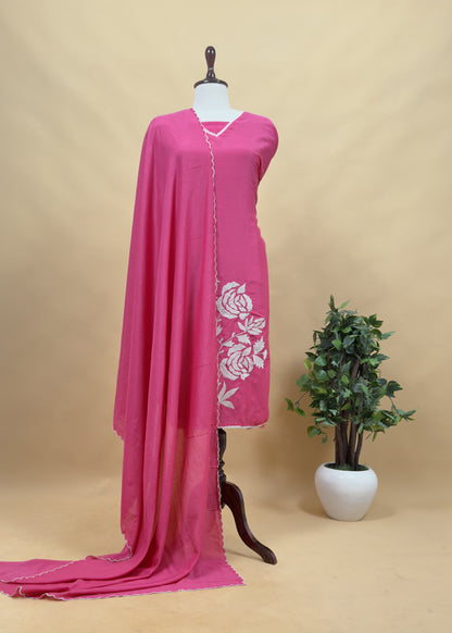 Red Pure Mul Cotton Suit Fabric With Appliqué Work