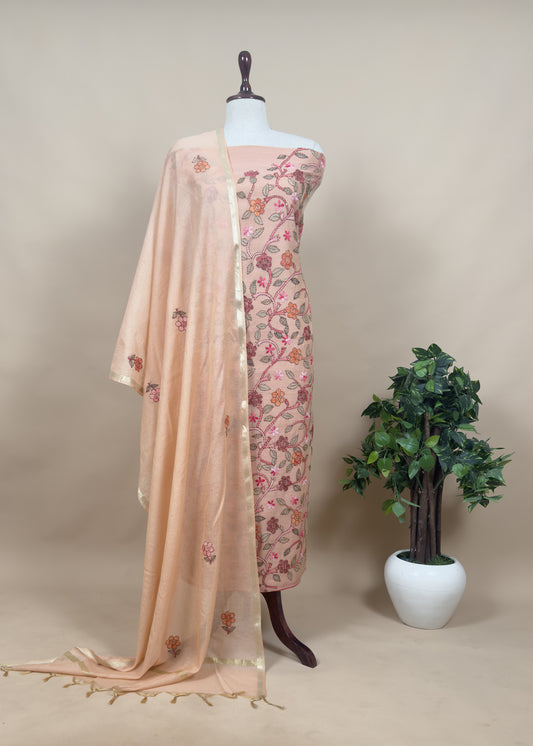 Peach Kantha Embroidered Suit In Pure Mul Chanderi