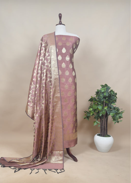 Pink Banarasi unstitched suit with zari weaving